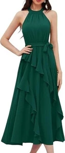 GRACE KARIN Women's Sleeveless Halter Neck Ruffle Hem Midi Dress with Belt, L - Picture 1 of 8