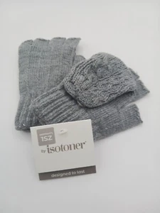 Isotoner brand Women's Heather Grey knit fingerless gloves with flap - Picture 1 of 2