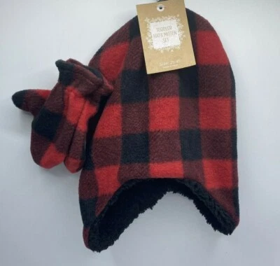 Conjunto de sombrero y mitones de invierno a cuadros Berkshire rojo y negro talla 2T-4T para niños  Foto 1 de 4