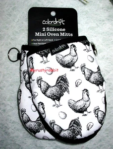 Chicken & Rooster Kitchen Mini Oven Mitts Set of 2 - Silicone Colordrift - Picture 1 of 7