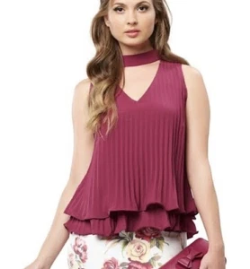 REVIEW Maroon Pleated Sleeveless Blouse Top SIZE 16 v-neck choker - Picture 1 of 5