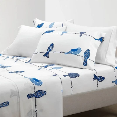 King size Blue White Floral Birds on Wire Soft Polyester 6 Piece Sheet Set - Image 1 of 3