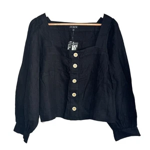 J.Crew Women's Black Squareneck Button-Up Top 100% Linen Top Size Medium - Picture 1 of 5