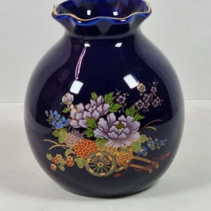 Vaso giapponese porcellana blu cobalto Kutani vaso fiori pancia carro alto 6 pollici - Foto 1 di 7