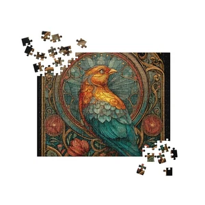Jugendstil Vogel Puzzle türkis gold Singvogel Vintage Puzzle - Bild 1 von 7