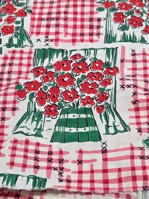 2 Piezas de Tela Vintage 35" x 46" Rojo Cuadros Flores Verde Maceta Cortinas Años 50 Retro Foto 1 de 3