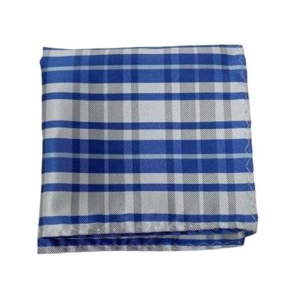 Men’s Suit Pocket Square 100% Polyester Blue and Grey Plaid Pattern. - Image 1 of 4