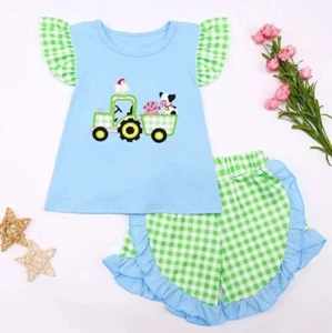 NEW Boutique Farm Tractor Cow Girls Ruffle Shorts Outfit Set - Picture 1 of 7