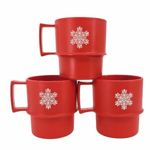 Vintage Tupperware Coffee Cup Mug Christmas Stackable Set of 3 Red Snowflake