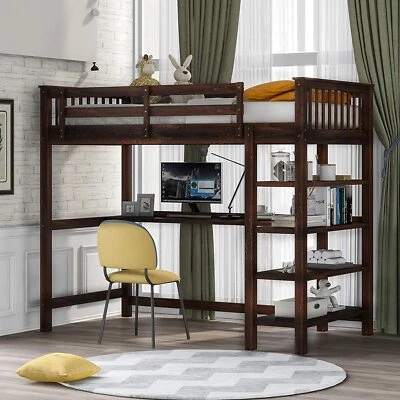 Cama tipo loft tamaño doble con escritorio y estantes, plataforma de madera cama cama de almacenamiento espresso Foto 1 de 4