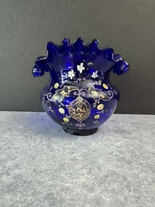 Vintage Cobalt Blue Glass Vase with Ruffled Top & Hand Painted Moriage. - Picture 1 of 10