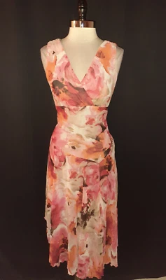 Vestido DRESSBARN Talla 12 Línea A Beige Rosa Naranja Floral Sin Mangas Midi Foto 1 de 4