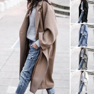 Women's Casual Long Woolen Coat Single Breasted Lapel Jacket with Pockets - Picture 1 of 10