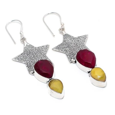 Blu Finto, Rosso Giada 925 Argento Sterling Gioielli Orecchino - Immagine 1 di 4