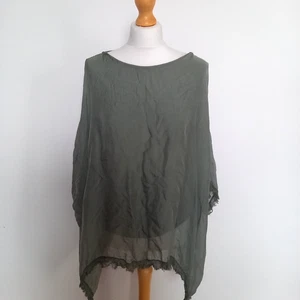 Obsession Made In Italy One Size Green Silk Oversized Blouse Top Tattered Hems - Picture 1 of 7