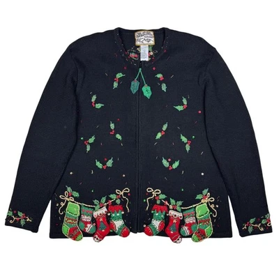 Cárdigan Suéter Vintage Reliquia Coleccionables Mujer L Negro Medias de Navidad Foto 1 de 4