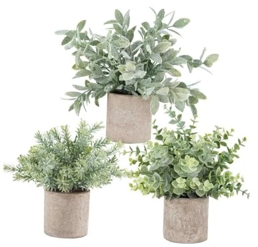 Artificial Plant Plastic Eucalyptus Mini Potted Fake Plants 3 Pack by Der Rose