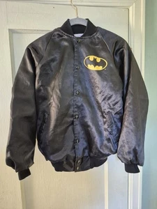 Vintage Batman Jacket Kids L/XL Black Satin Bomber Superhero Gotham City 80s - Picture 1 of 15