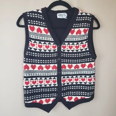 Reference Point Sweater Vest Petite S Black White Red Heart Stripe Cozy Stained  - Imagem 1 de 4