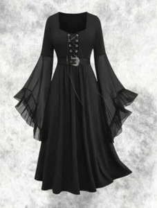 New Black Gothic Corset Flared Sleeve Long Maxi Dress & Belt size 3XL 22 24 26 - Picture 1 of 6