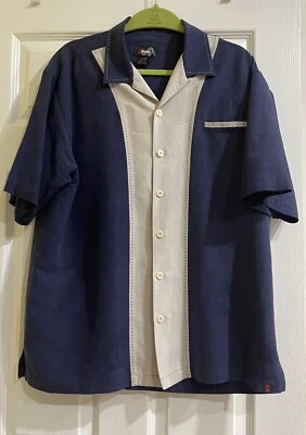 Alpine Design Men's Large Floral Palm Tree Embossed Hawaiian Shirt Navy Cream - Image 1 of 4