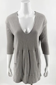 Free People Beach Tunic Top Size XS Gray Ribbed V Neck 3/4 Sleeve Front Pocket - Picture 1 of 6
