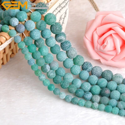 Natural Round Matte Frost Green Agate Stone Beads For Women Jewelry Making 15" - Image 1 of 4