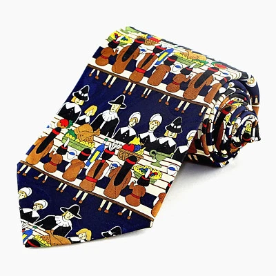 La primera corbata de pavo para hombres de Acción de Gracias Pilgims Indians Blue Neck Tie Foto 1 de 3
