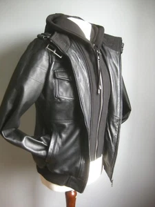 Damas REAL Chaqueta de cuero con capucha BIKER mediano 12 10 ALTO Bomber EDINBURGH - Imagen 1 de 23