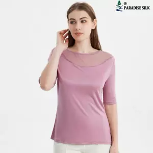 Elegante camiseta de seda de manga corta para mujer con malla transparente y tejido suave... - Imagen 1 de 10