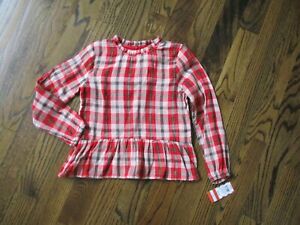 NWT Girls' Plaid Long Sleeve Top - Cat & Jack Red/Green/Metallic Gold Size M7/8