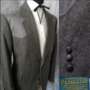 Vintage Pendleton Men Western Yoke Tweed Suede Blazer 44R Gray Sports Coat - Picture 1 of 20