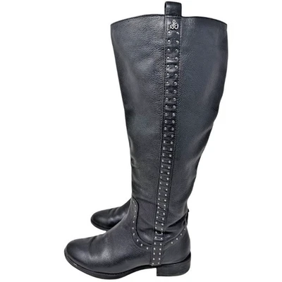 Botas de montar altas Sam Edelman Prina para mujer talla 6,5 negras de cuero con tachuelas DEFECTUOSAS Foto 1 de 4