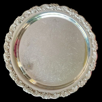 Bandeja redonda ornamentada plateada vintage ONEIDA 12” LEER Foto 1 de 4