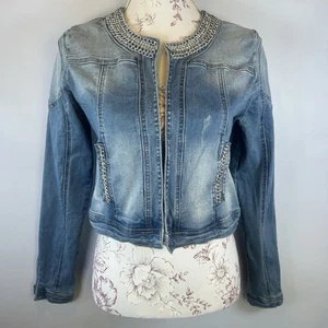 Y2K Embellished Denim Jacket – Chain & Rhinestone Trim – Regular Denim – Medium - Picture 1 of 9