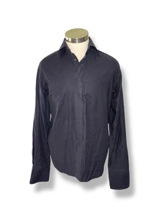 Camisa de Vestir Eton Micro Punto Botón Oculto Talla 39 15.5 Calce Ajustado Azul Marino/Negro* - Imagen 1 de 7