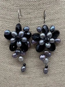 Pair VTG .925 Sterling Black & Gray  Glass & Pearls   Pierced Dangle Earings - Picture 1 of 5