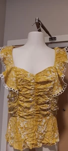 JUNE & HUDSON TOP SHIRT BLOUSE TANK TOP M MUSTARD WHIT YELLOW EYELET DOTS FLORAL - Picture 1 of 6