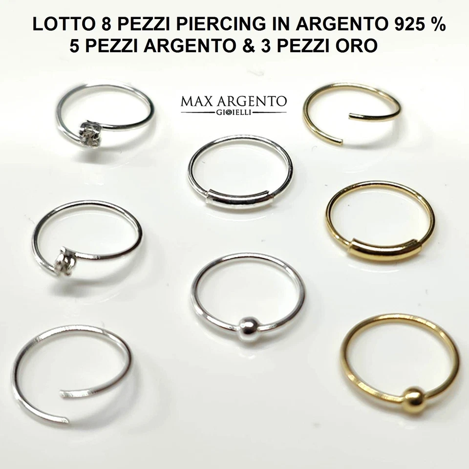 8 PIERCING CERCHIETTO NASO  ARGENTO 925‰ CARTILAGINE TRAGO  ORO & ARGENTO - Immagine 1 di 4