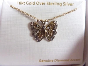  Schmetterling Halskette 18K Gold über Sterlingsilber Anhänger Diamant Akzent NEU - Bild 1 von 5