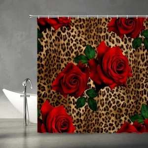 Leopard Flower Shower Curtain Red Rose Floral Valentine's Day Wild Animal - Picture 1 of 5