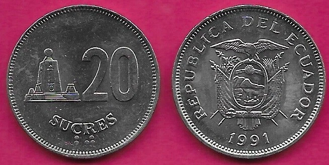 ECUADOR 20 SUCRES 1991 UNC 1 YEAR TYPE,MITAD DEL MUNDO MONUMENT,MODIFIED COAT OF - Image 1 of 1