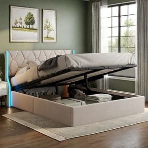 LED Boxspringbett Doppelbett 140x200cm Stauraumbett mit Hydraulisches Bettkasten - Bild 1 von 12