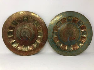 Pair Vintage Brass and Enamel Peacock Decorative Wall Hanging Plates India Boho - Picture 1 of 10