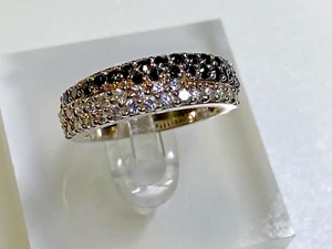 Sterling Silver 925 Ring Black Agate Crystal Horizontal Stripe Pattern Size M1/2 - Picture 1 of 8