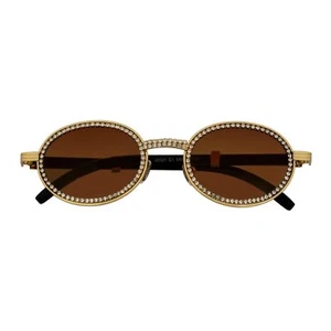 BLING ONE - Rhinestone Retro 90s Round Metal Oval Sunglasses Gold Amber - Picture 1 of 10