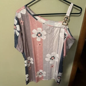 Flower Print Cold Shoulder Pull Over With Chain Detail Short Sleeve XXL 14 - Picture 1 of 9