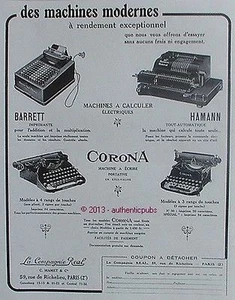 PUBLICITE CORONA MACHINE A ECRIRE ET CALCULER BARRETT HAMANN DE 1929 FRENCH AD - Picture 1 of 1