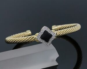 D.Yurman Diamond Black Onyx 5mm Cable Quatrefoil Star Bangle Bracelet 18K Gold