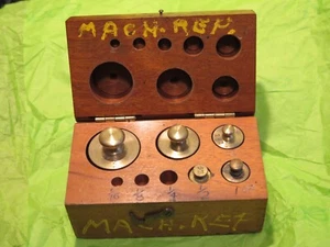 Vintage apothecary oz brass weights for scale balance industrial store wood box - Picture 1 of 14